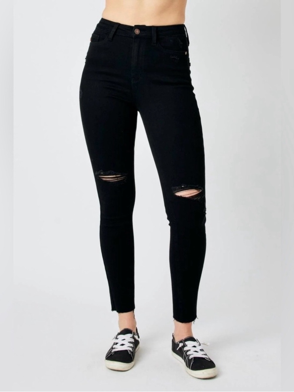 NWT Judy Blue High Waist Heavy Destroy Raw Hem Black Skinny Jeans